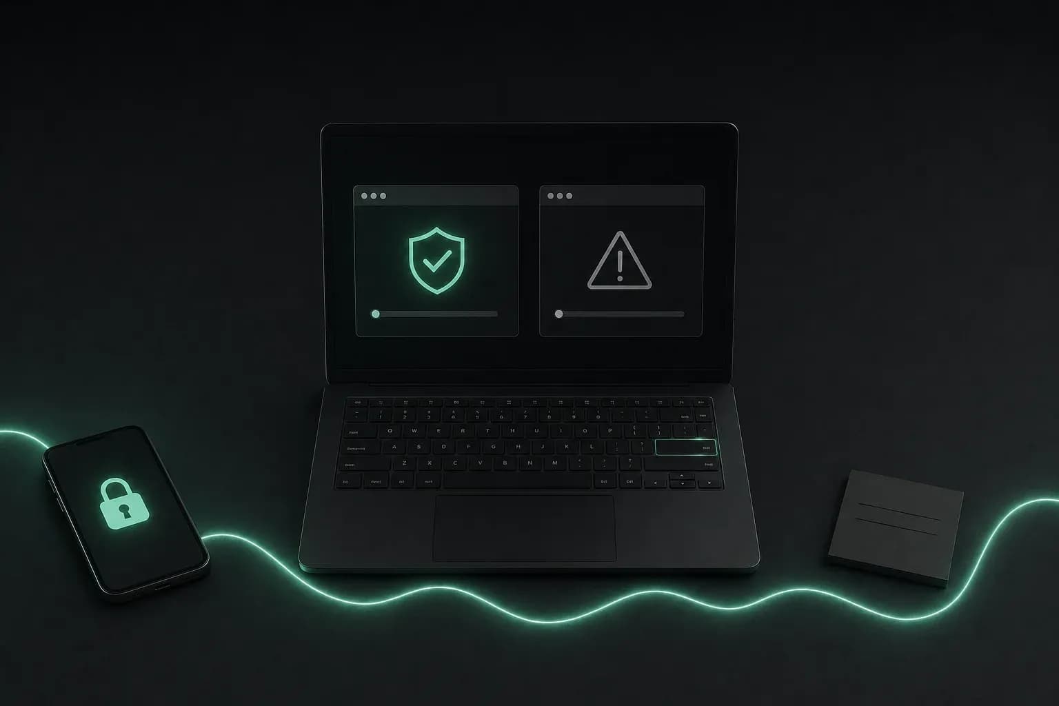 Laptop z dwoma oknami pobierania, bezpiecznym i ostrzegawczym, oraz podświetlony, nienaciśnięty klawisz Enter.