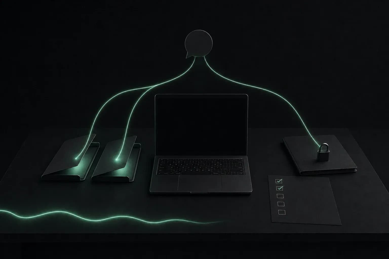 Laptop z asystentem AI, który sięga do otwartych teczek, a zamkniętą na kłódkę omija. Obok lista kontrolna.