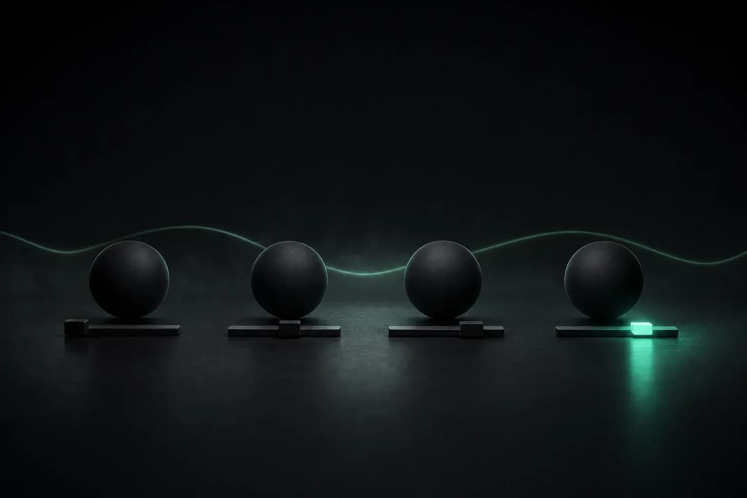 Four identical matte black spheres in a row, each with a short rail in front and a sliding block set at a different position. Only the last rail glows emerald, with a sine wave running behind.