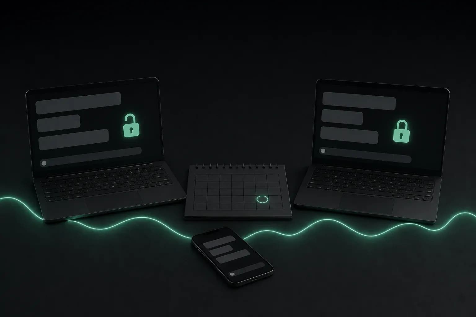Two laptops showing the same AI chat, one with an open padlock and one with a closed padlock, next to a calendar.